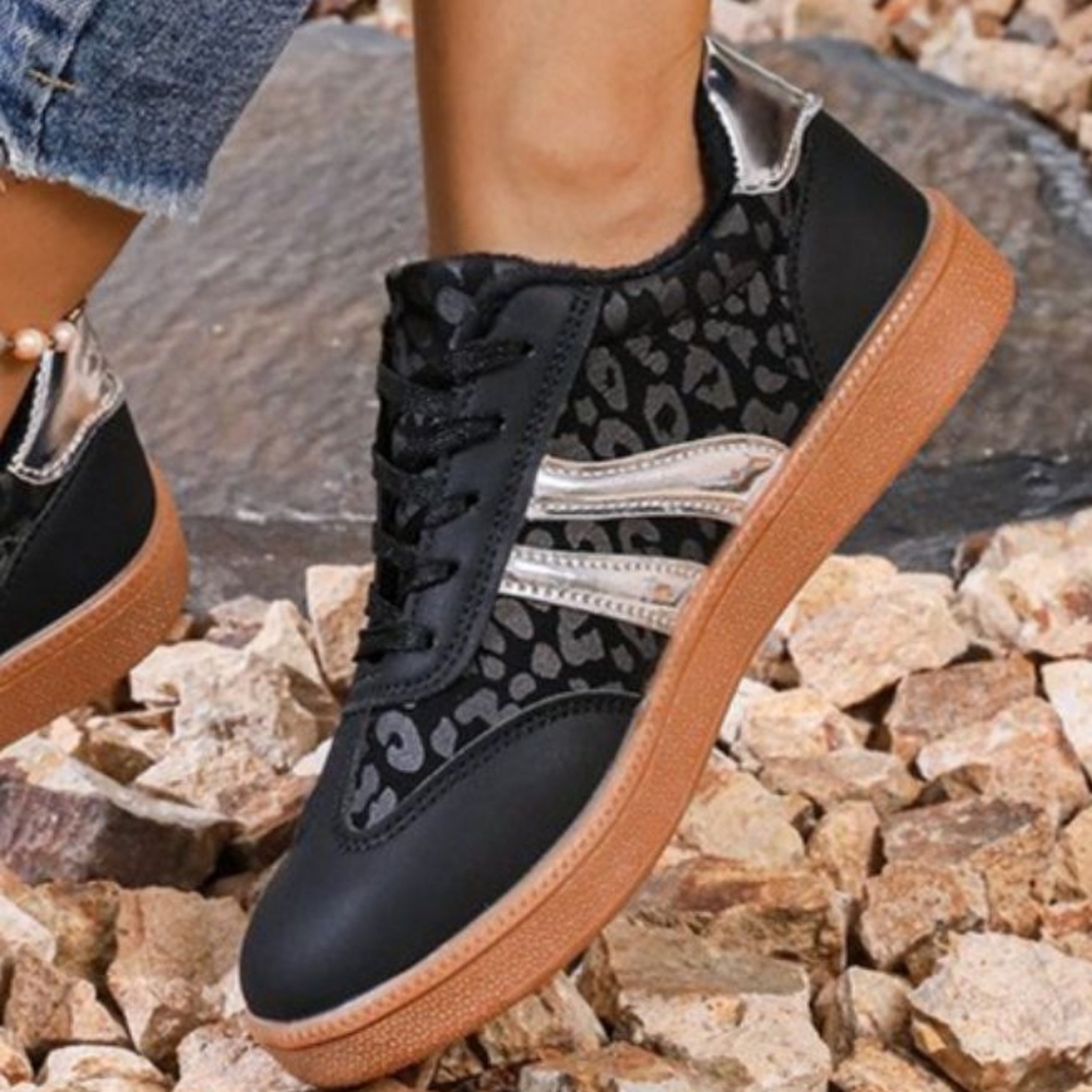 Contrasting Leopard Metallic Lace-up Sneakers Faux Leather Flat Athletic Shoes - Picture 6 of 8